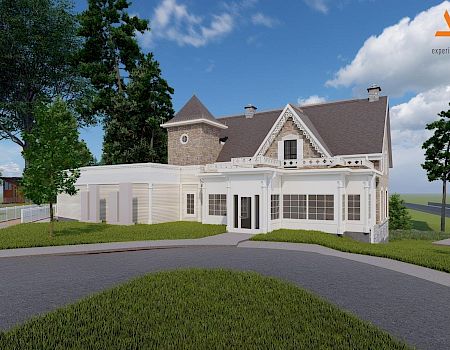 A large modern house with white brick and gray roof, curved driveway, surrounding green lawn, trees, and a blue sky with clouds. Ends here.