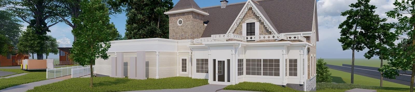 A large, elegant two-story house with a turret, white exterior, wraparound driveway, manicured lawn, and trees; DCI watermark in the top right.