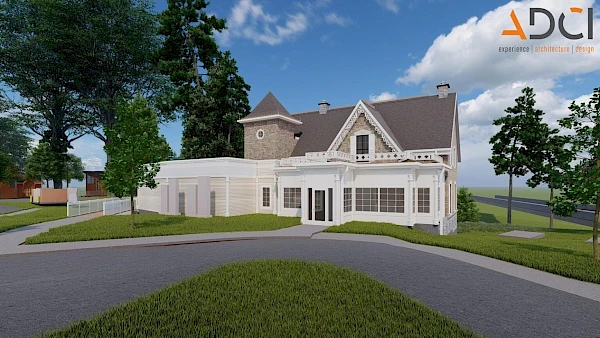 A large, stylish house with a curved driveway, white exterior, and manicured lawn; trees frame the scene and a small tower-like section tops the roof.