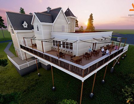 A modern white house on stilts with a wraparound deck, multiple levels, outdoor seating, and a scenic sunset backdrop.