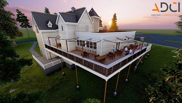 A modern white house on stilts with a spacious elevated deck and outdoor seating, overlooking greenery and a sunset sky, branded with DCI.