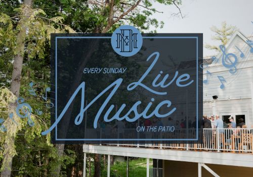 An outdoor patio live-music event: the banner reads &ldquo;Every Sunday Live Music on the Patio&rdquo; with a small crowd watching.