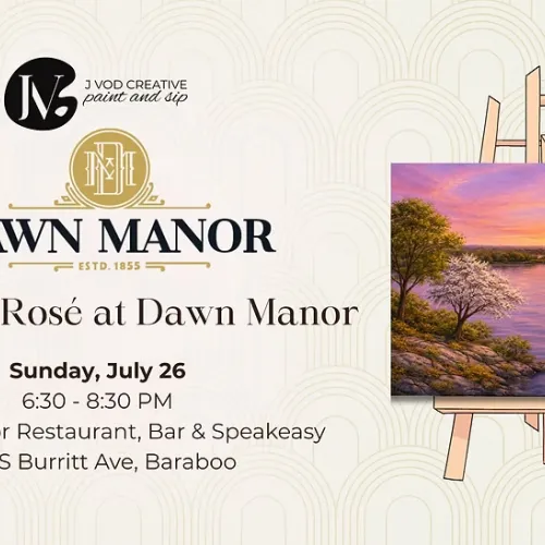 Event flyer: Rosetti & Ros&eacute; at Dawn Manor on Sunday July 26, 6:30&ndash;8:30 PM at Dawn Manor Restaurant Bar & Speakeasy.