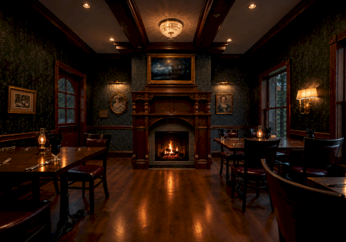A warm, elegant dining room with dark wood furnishings, framed portraits, and a glowing fireplace under a crystal chandelier.