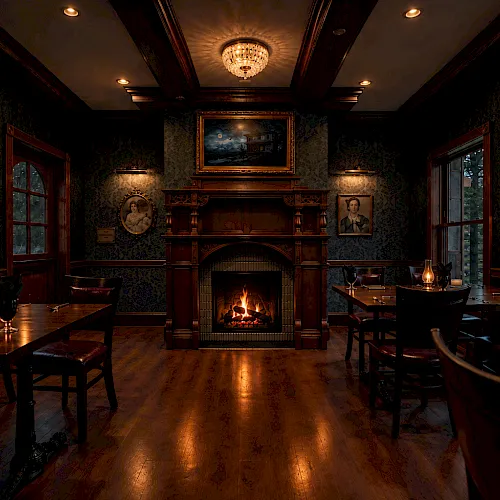 A warm, elegant dining room with dark wood furnishings, framed portraits, and a glowing fireplace under a crystal chandelier.