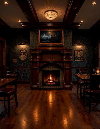 An elegant dining room with dark wood paneling, a glowing chandelier, portraits, and a lit fireplace in the center, .