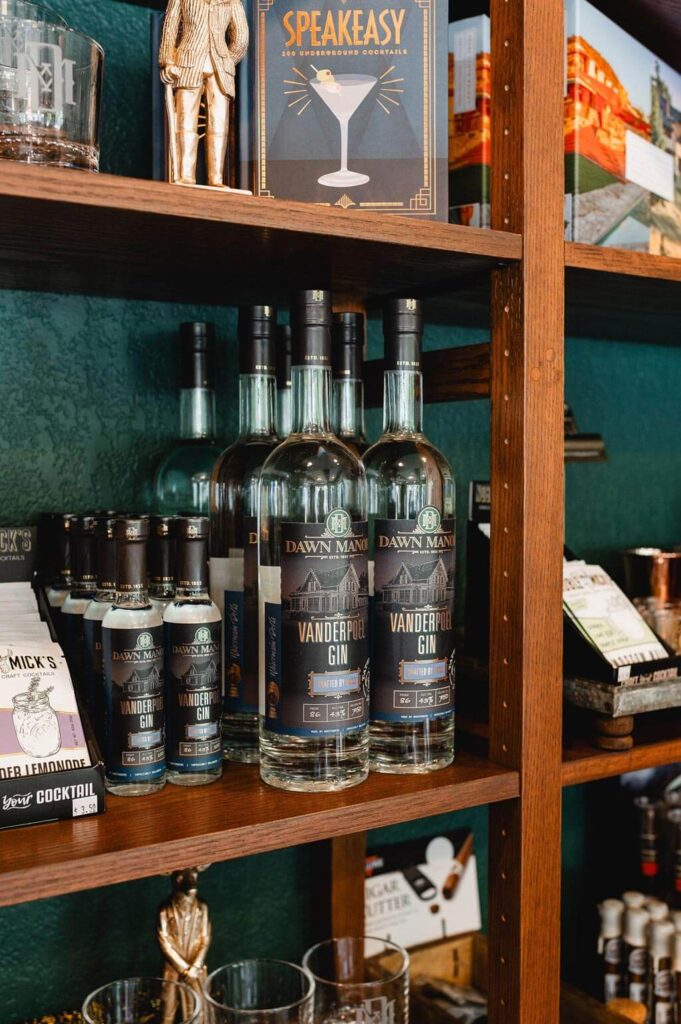 Dawn Manor branded Vanderpoel Gin and other merchandise at the Sundries Shoppe
