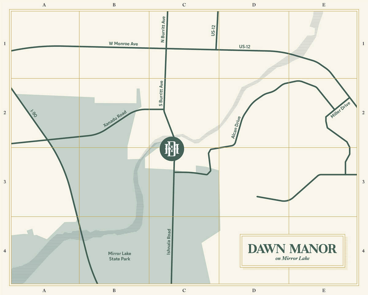 Map depicting location of Dawn Manor on Mirror Lake